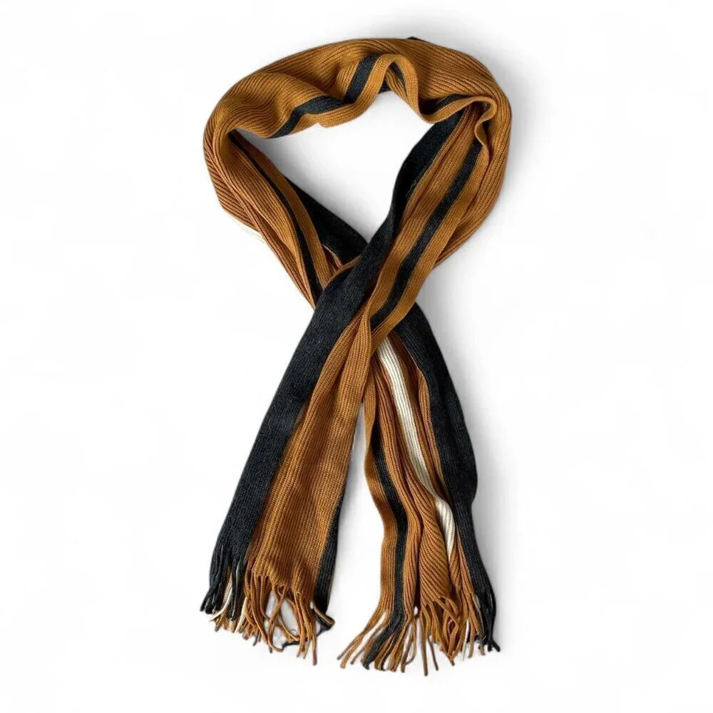 Striped Knit Fringe Scarf  | Mustard, Black & Cream
